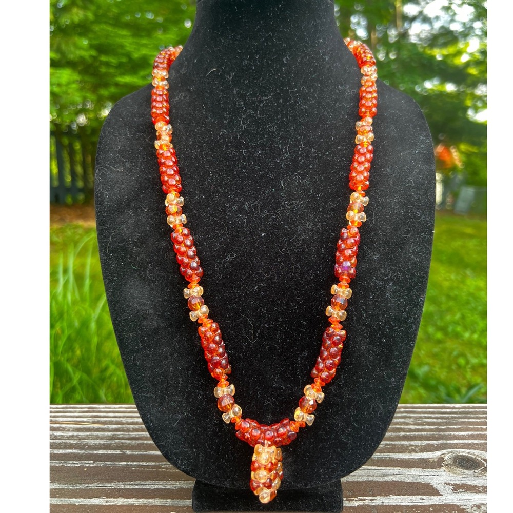 Vtg Y2K Boho Amber Orange Red Woven Acrylic Bead Rope Necklace Statement Jewelry